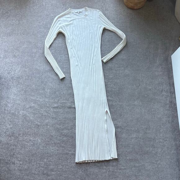 Frame Women's White Rib-Knit Crewneck Long Sleeve Sweater Dress
